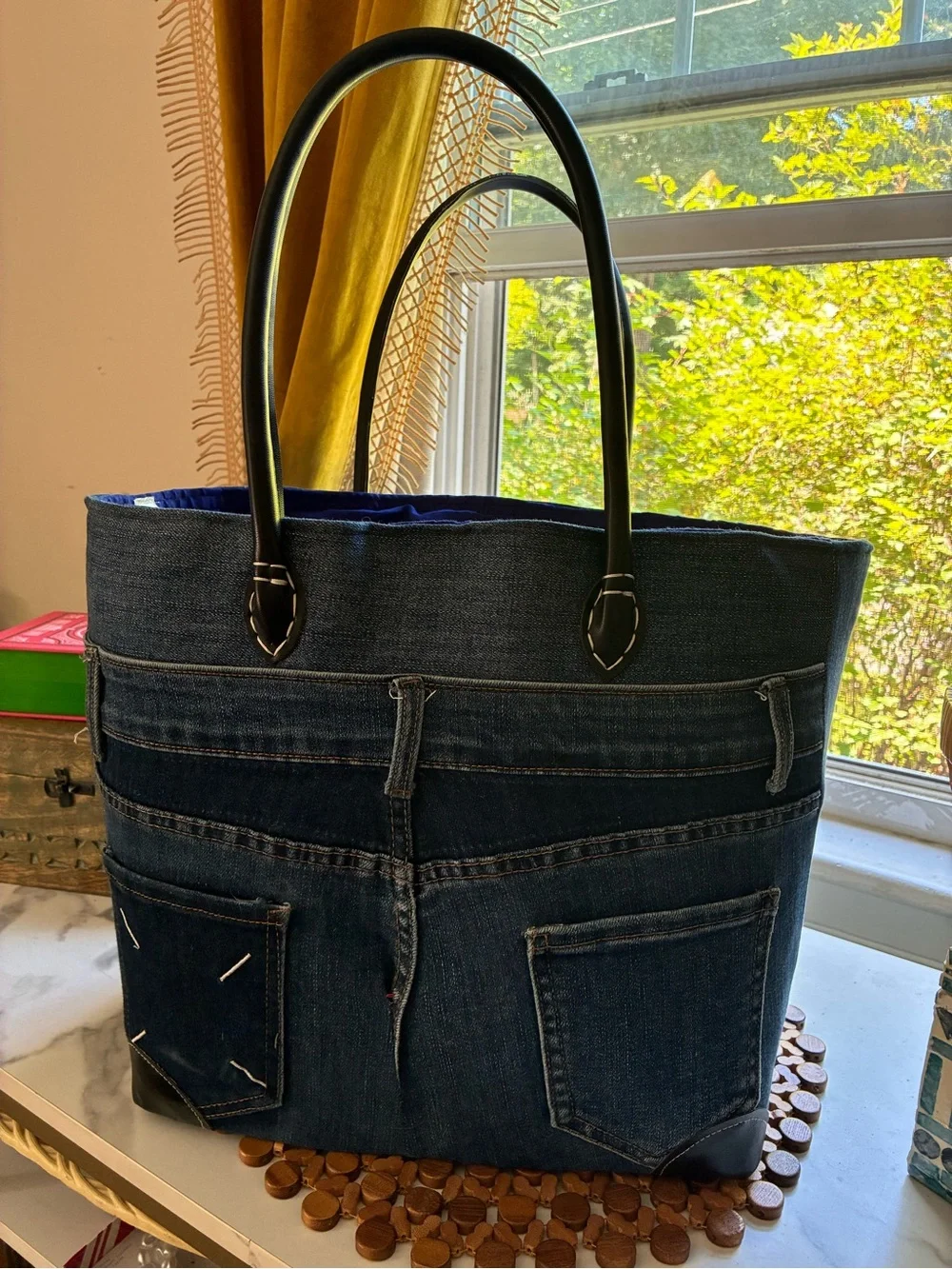 Dark Blue Denim Tote with Black Handles